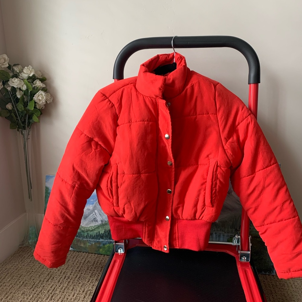 Red Peach Skin Cropped Puffer Jacket